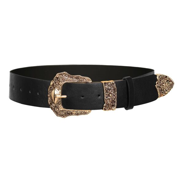 Women Black Cowgirl Belt Renaissance Country Western Leather Belts Pure Black😎 - Picture 2 of 6